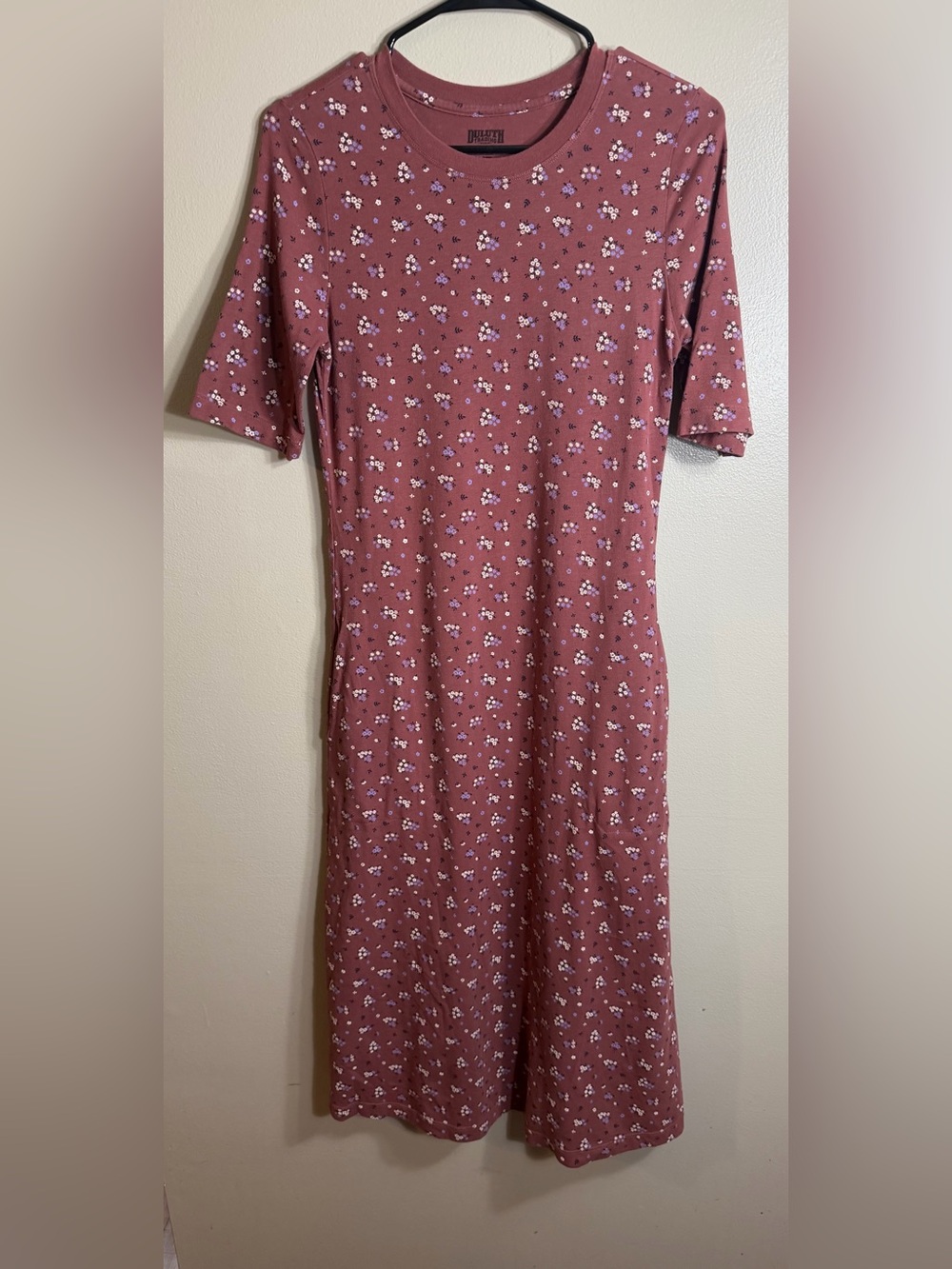 Duluth Trading Floral Midi Dress Pink Mauve 3/4 Sleeve Pockets XS
